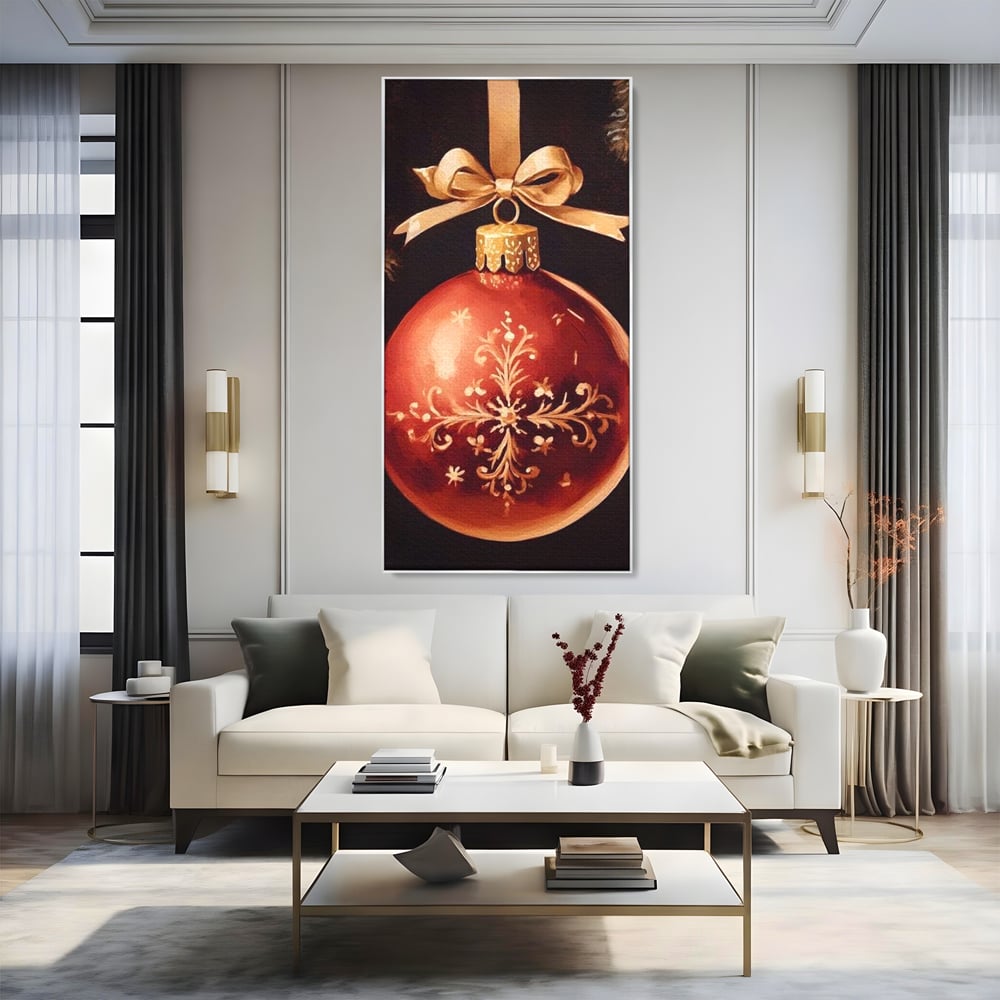 Tablou canvas cu tablou canvas cu glob rosu de craciun, in rama de aluminiu argintiu, pe perete intr-un living